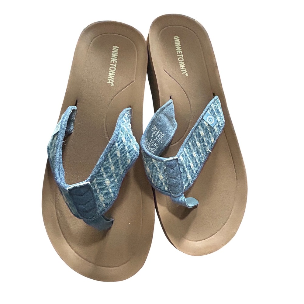 Minnetonka Womens Blue Denim Stitch Flip Flop‎ Wedge Sandals 535466 Size 10M